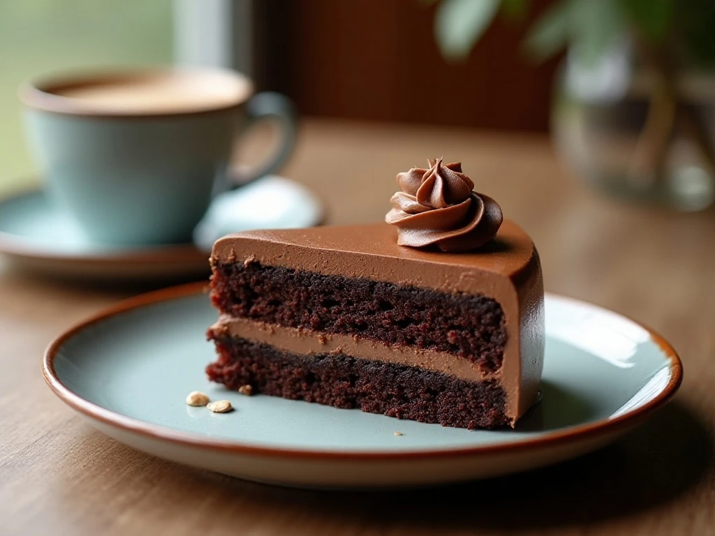 Slice of moist mocha latte chocolate cake with espresso buttercream