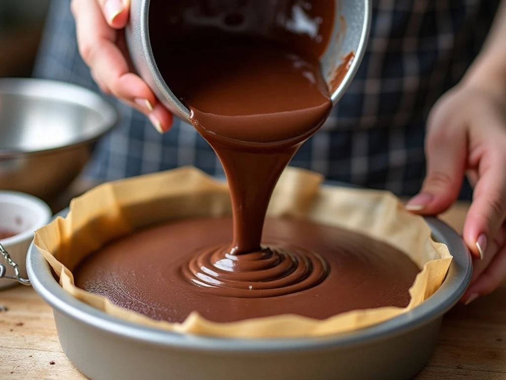Pouring mocha chocolate cake batter into a prepared pan