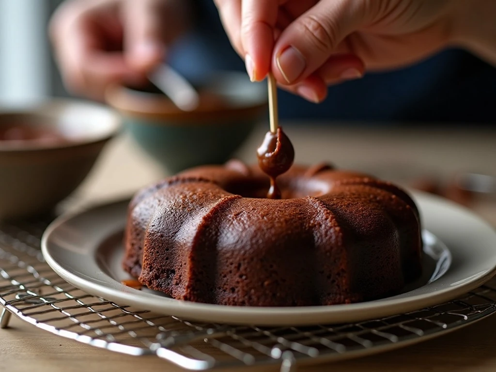Testing a chocolate cake for moist crumbs