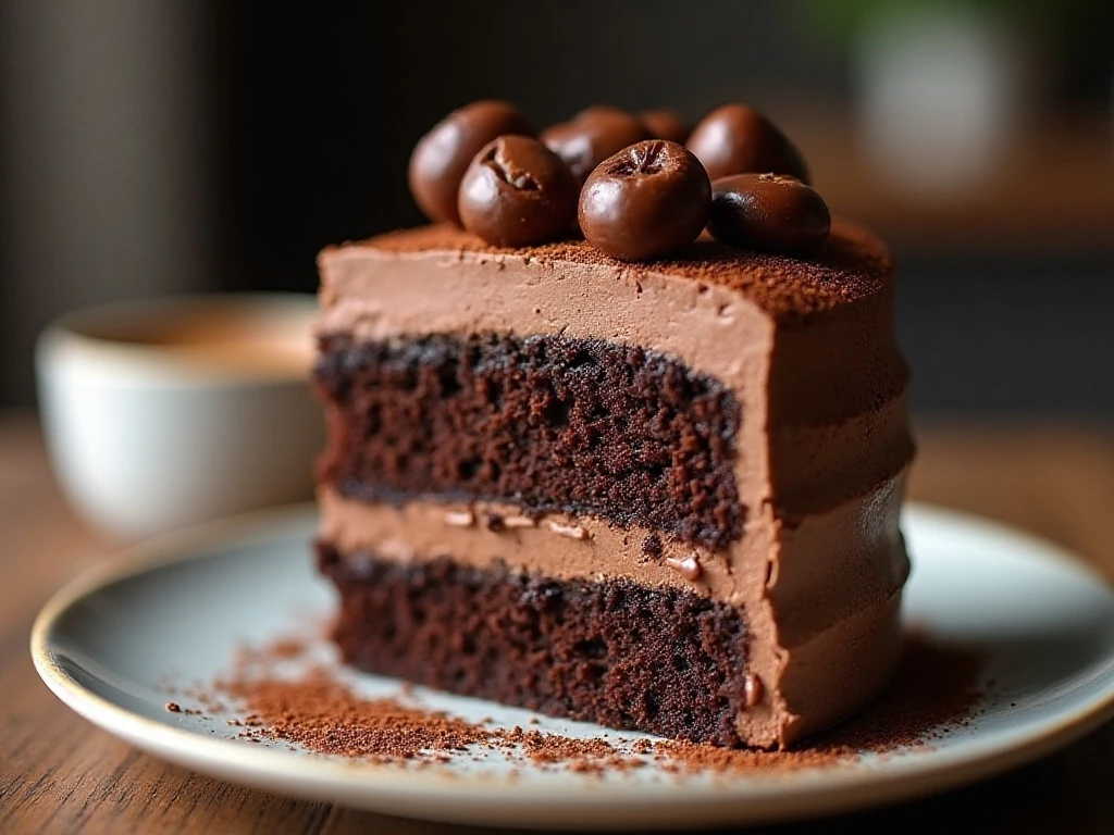 Mocha chocolate cake slice decorated with chocolate and espresso beans