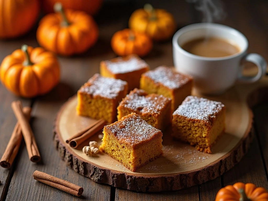 Moist pumpkin spice cake squares served for an easy autumn dessert