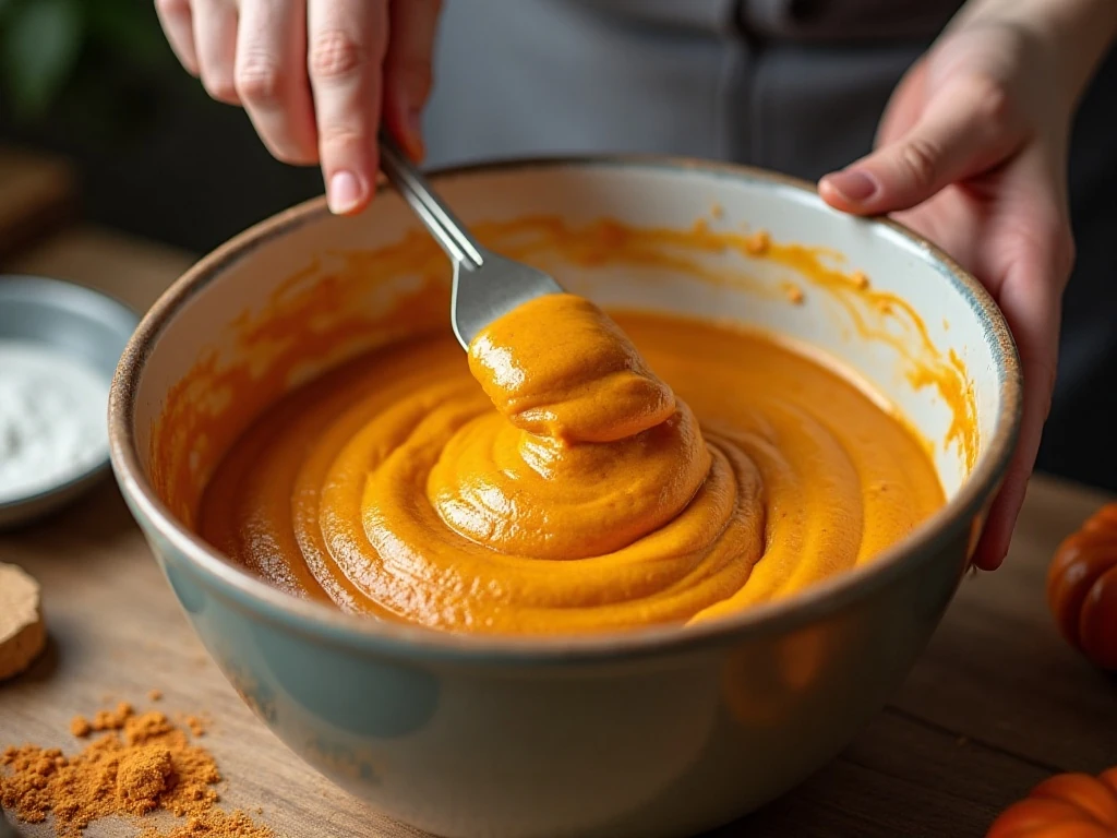 Thick pumpkin cake batter being gently mixed in a bowl