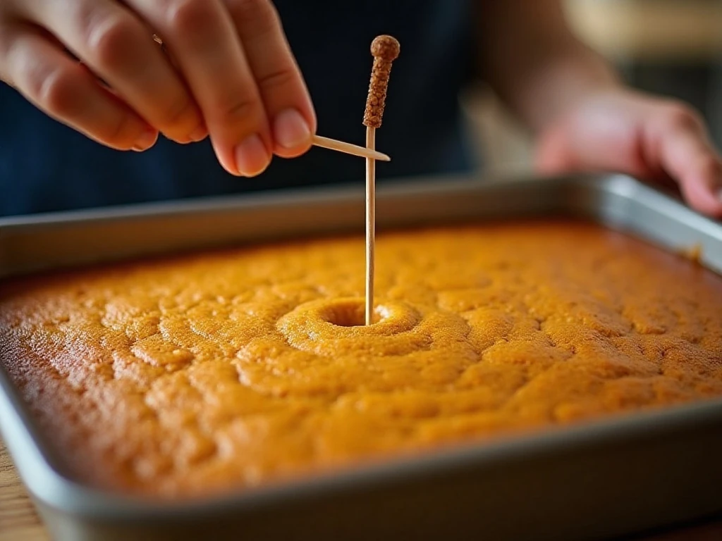 Toothpick testing the center of a moist pumpkin spice cake