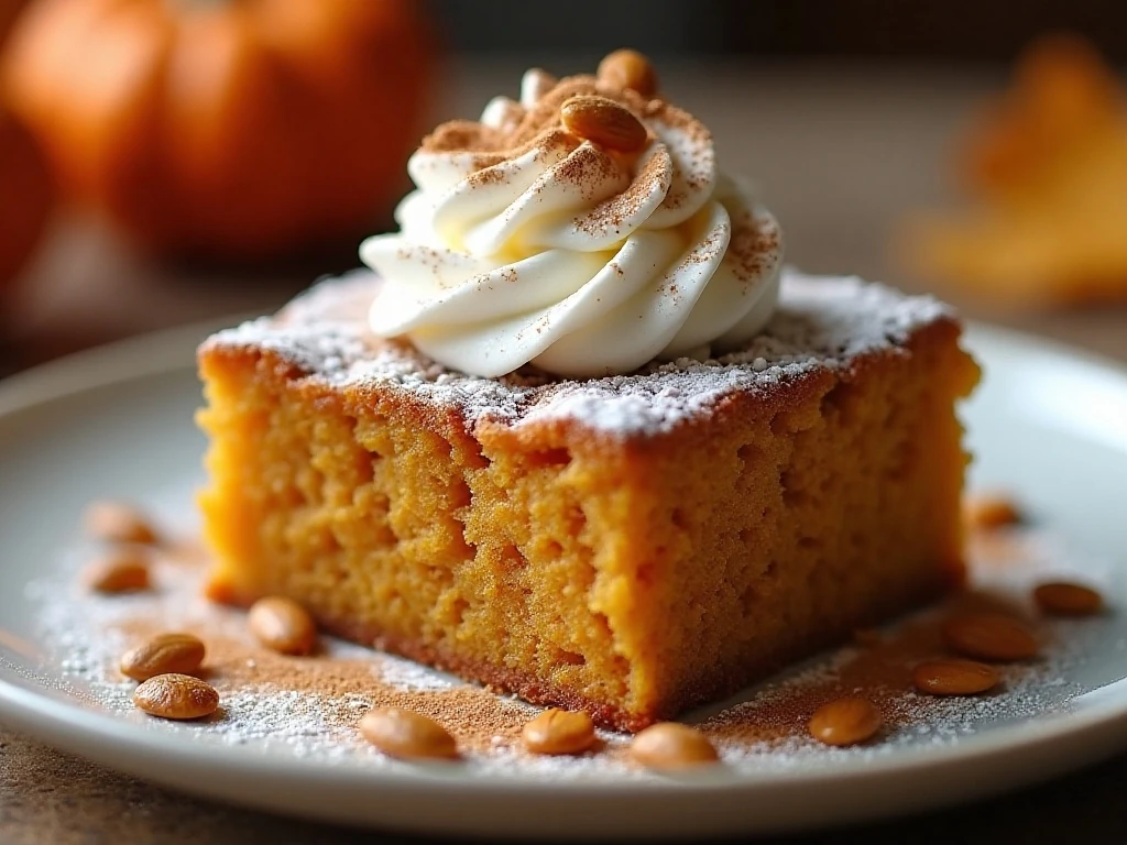 Pumpkin spice cake square with whipped cream powdered sugar and pumpkin seeds