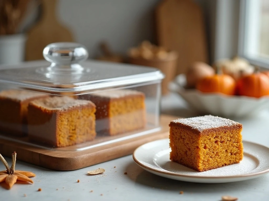 Pumpkin spice cake slices stored in an airtight container