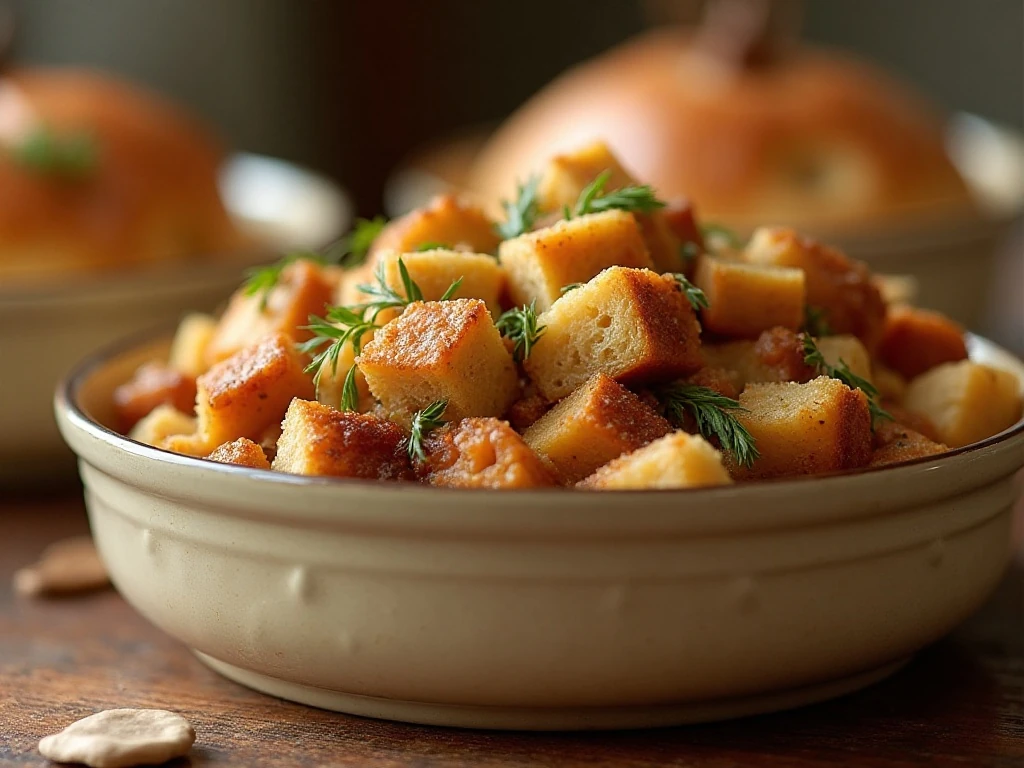 Classic crockpot stuffing served in a bowl at a holiday table