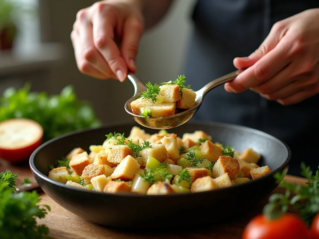 Bread cubes being mixed with sautéed vegetables and herbs for stuffing