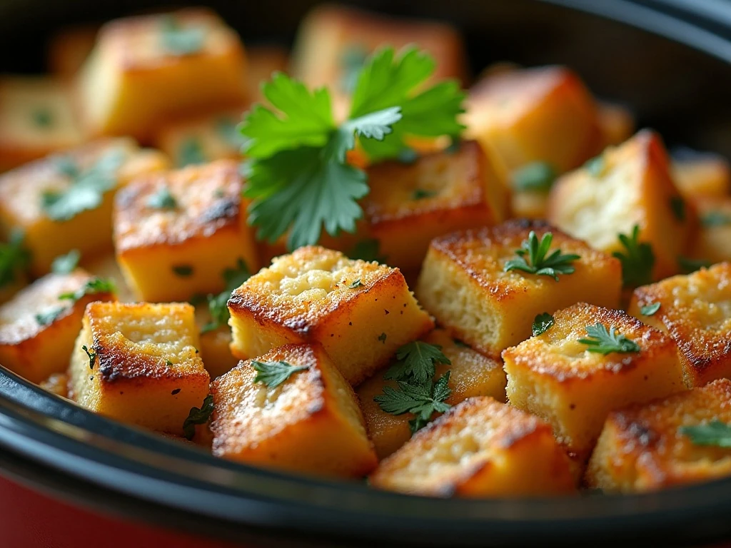Close-up showing the tender texture and golden edges of crockpot stuffing