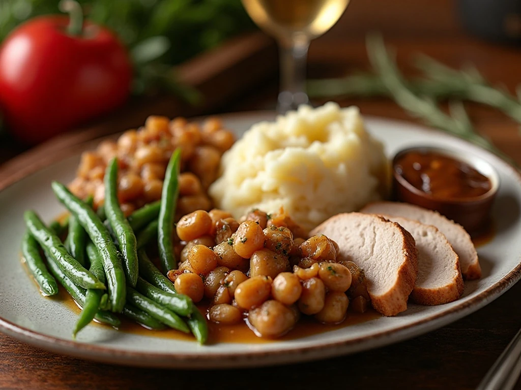 Crockpot stuffing served with turkey and classic holiday sides