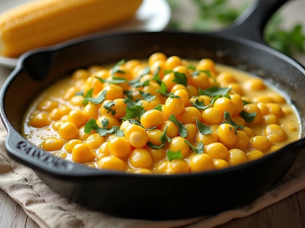 Creamy golden Mom’s skillet corn served in a cast-iron pan