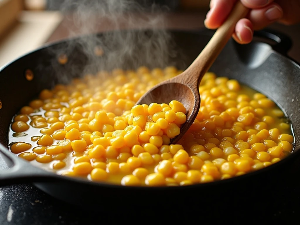 Corn sautéing in butter in a skillet