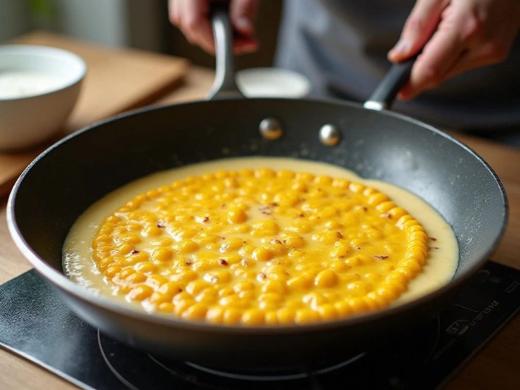 Golden corn browning evenly in a skillet