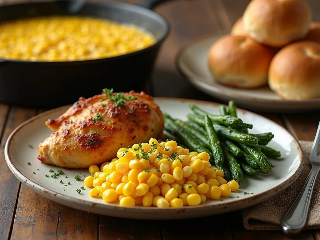 Skillet corn served with a comforting family dinner