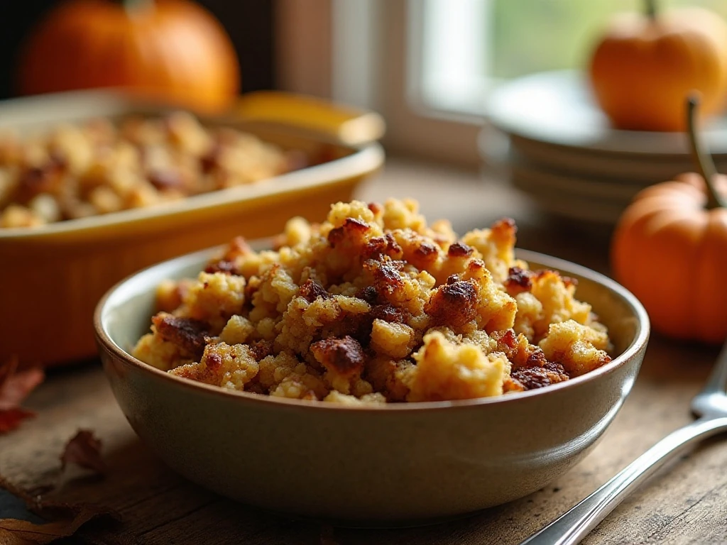 Classic Thanksgiving stuffing with a crisp golden top and tender center