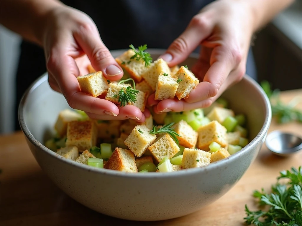 Gently mixing dried bread with seasoned vegetables for stuffing