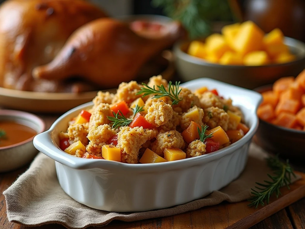 Thanksgiving stuffing served with turkey and holiday side dishes
