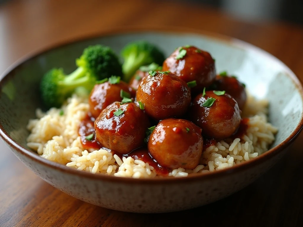 Mongolian meatballs with sweet-savory glaze served over jasmine rice