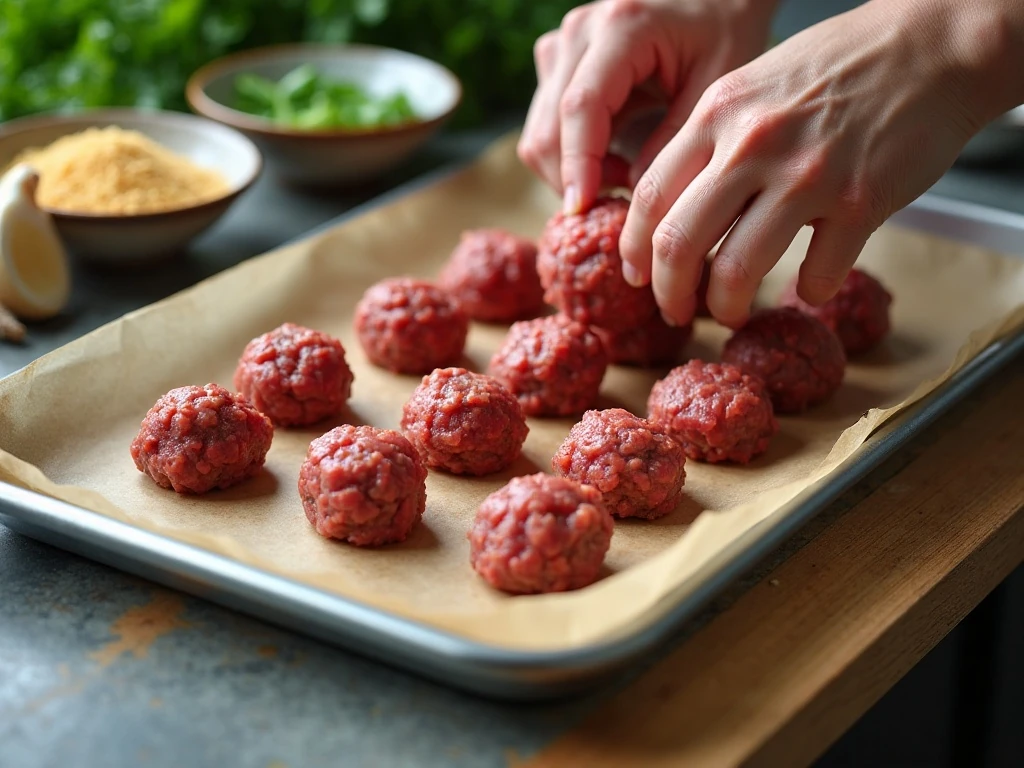 Shaping beef meatballs before baking