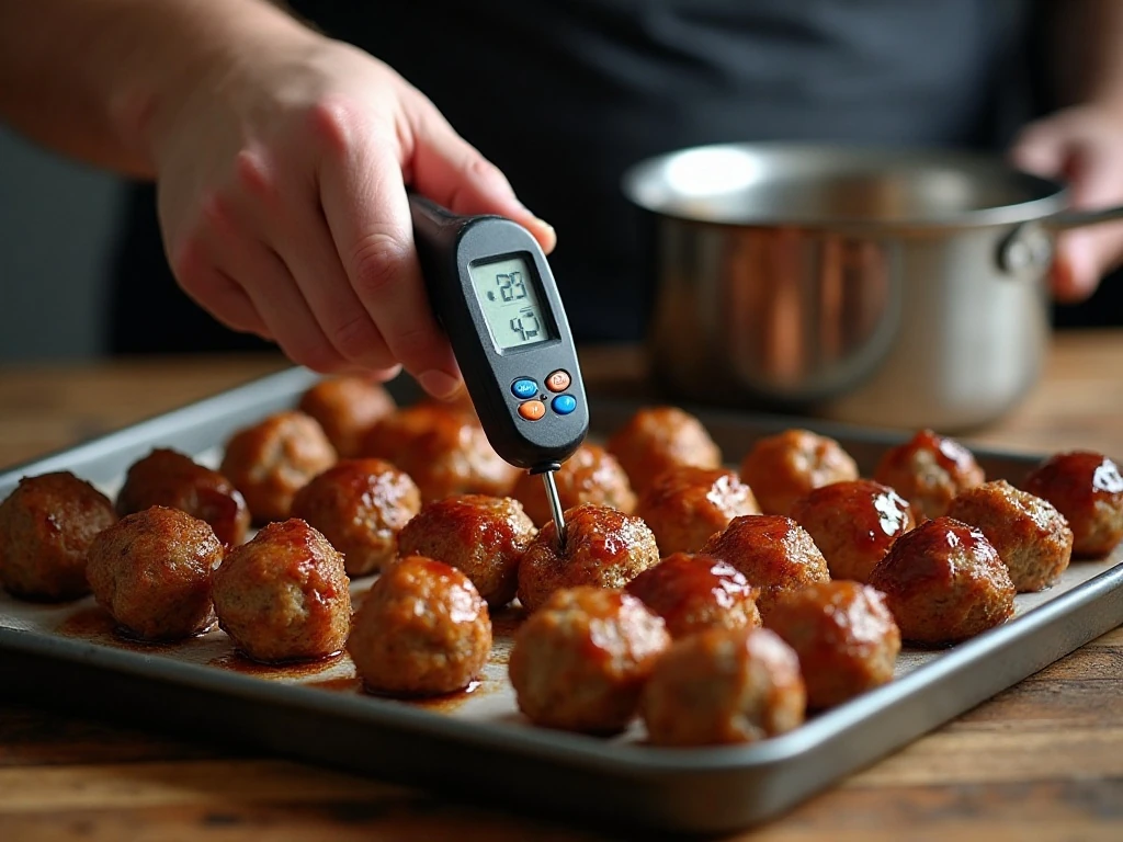Checking baked meatballs and preparing the glaze