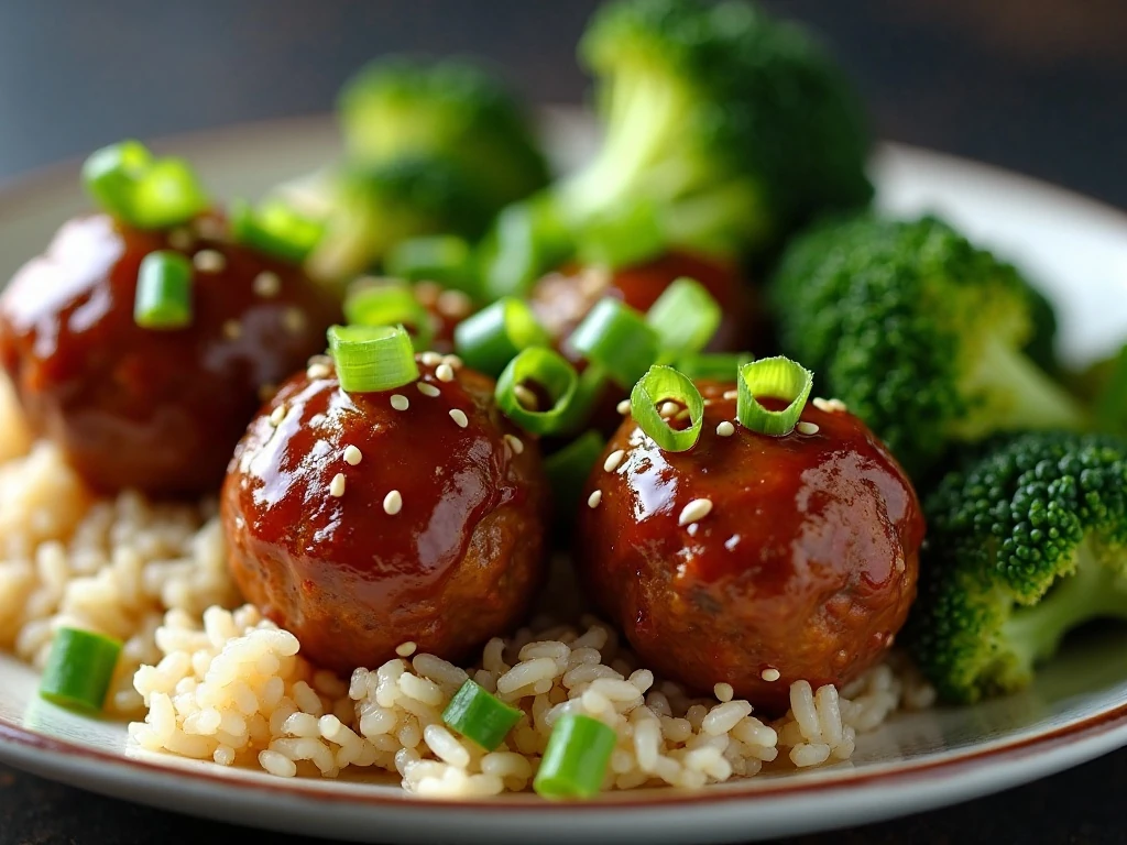 Glazed Mongolian meatballs garnished with green onions and sesame seeds
