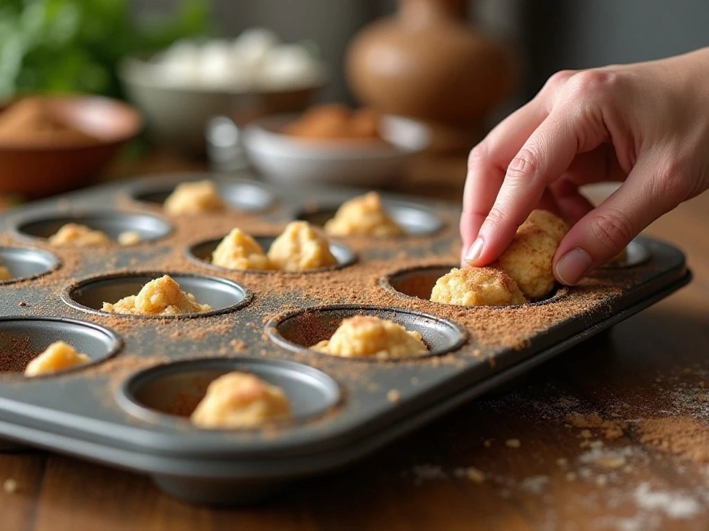 Preparing biscuit pieces for monkey bread muffins