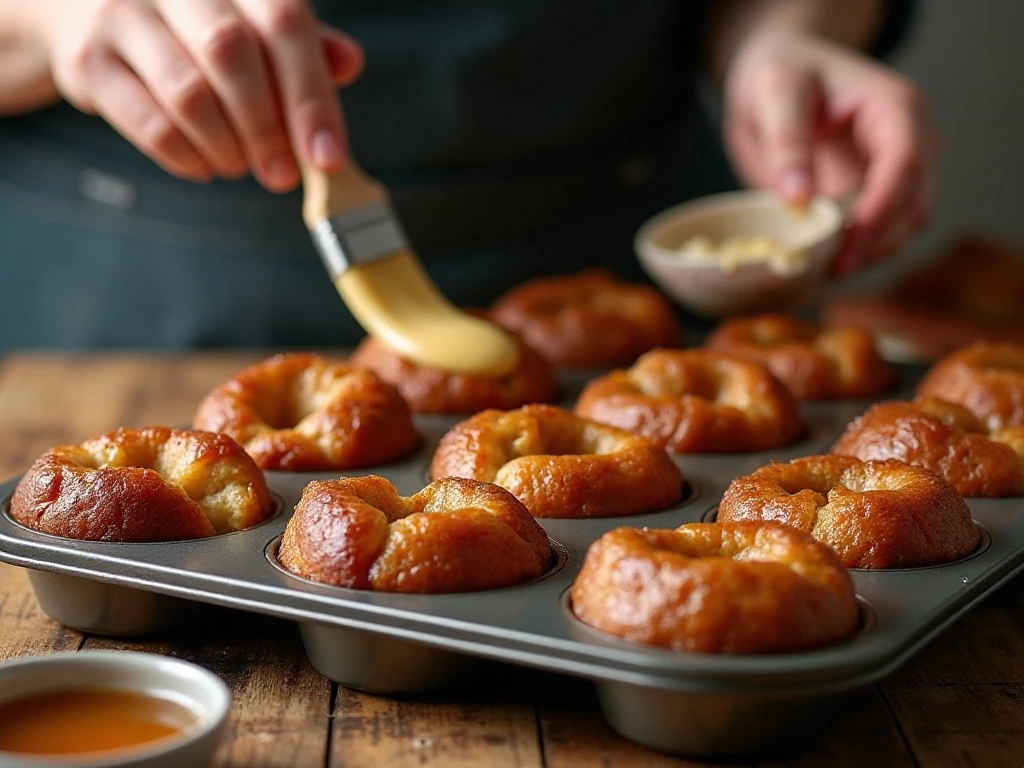 Sticky caramel topping on freshly baked monkey bread muffins