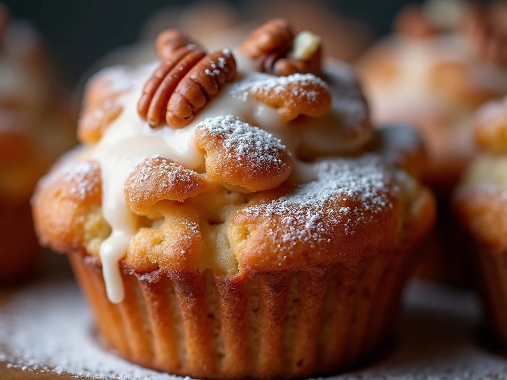 Monkey bread muffin with powdered sugar glaze and pecans