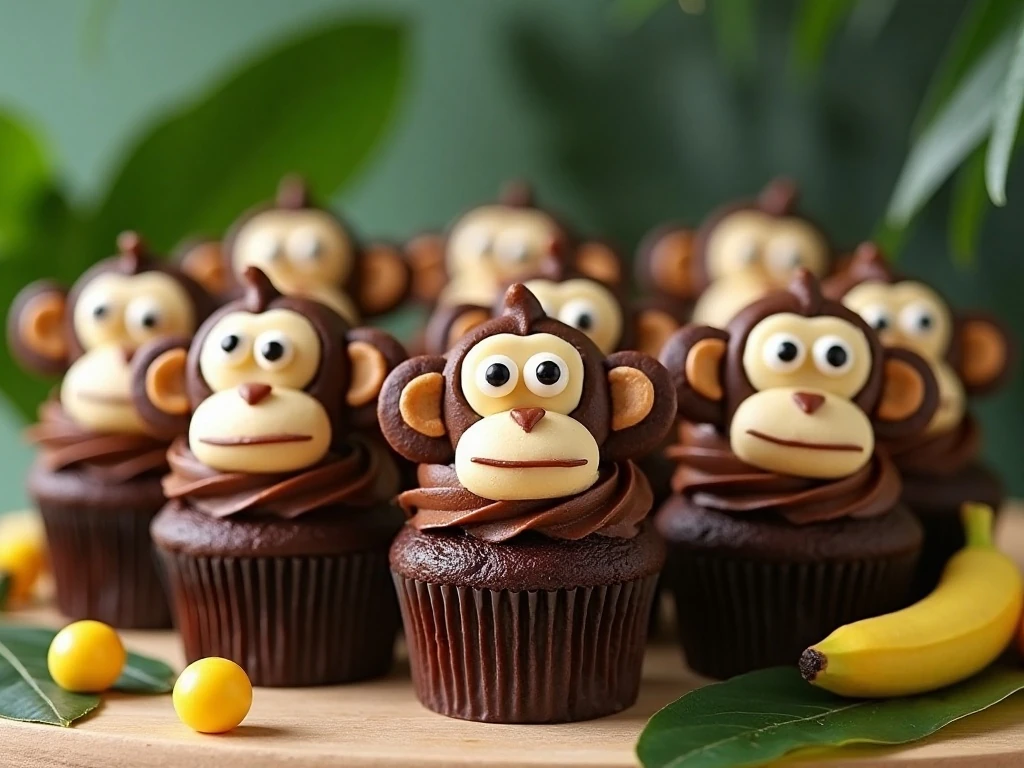 A group of decorated Monkey Kingdom Cupcakes with monkey faces and banana candies