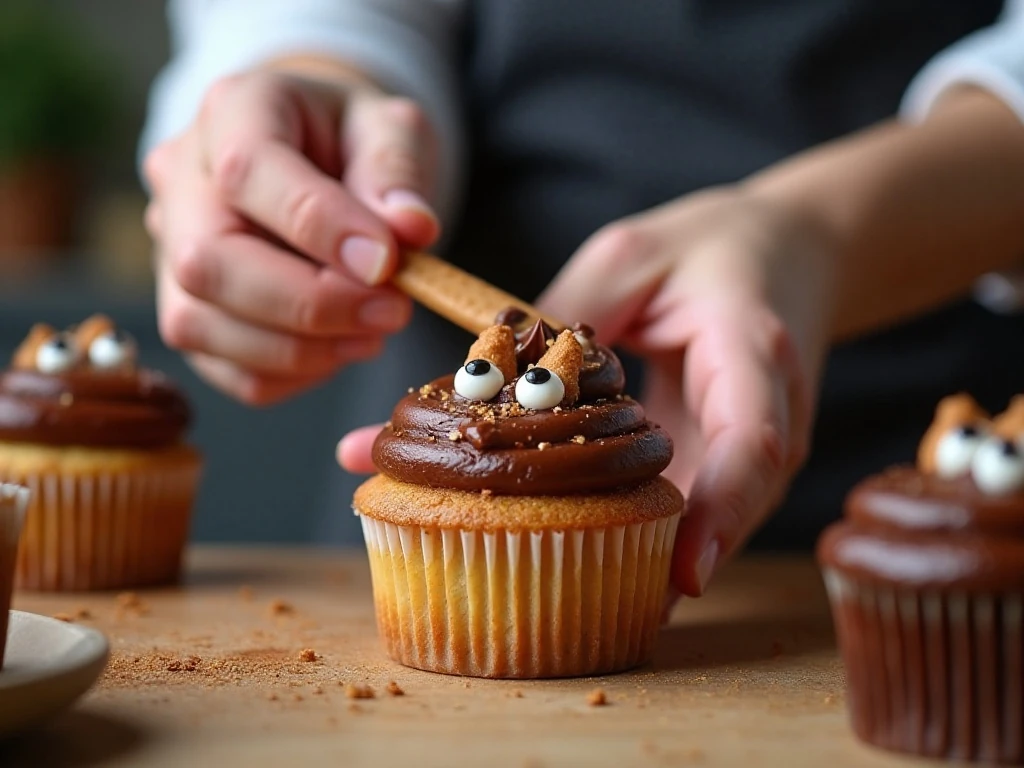Decorating a chocolate-frosted cupcake with a vanilla wafer and candy eyes