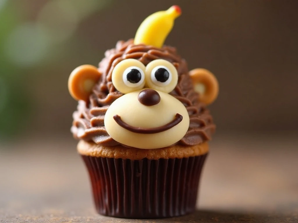 Close-up of the candy decorations on a monkey-face cupcake