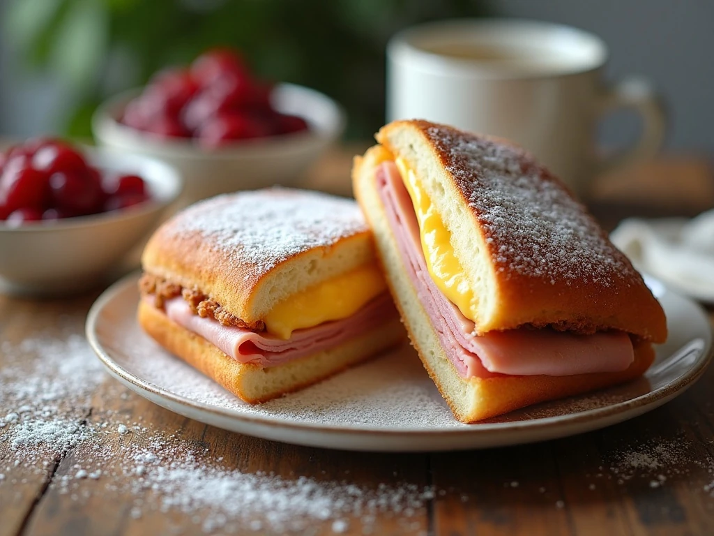 Golden Monte Cristo sandwich with lingonberry dipping sauce