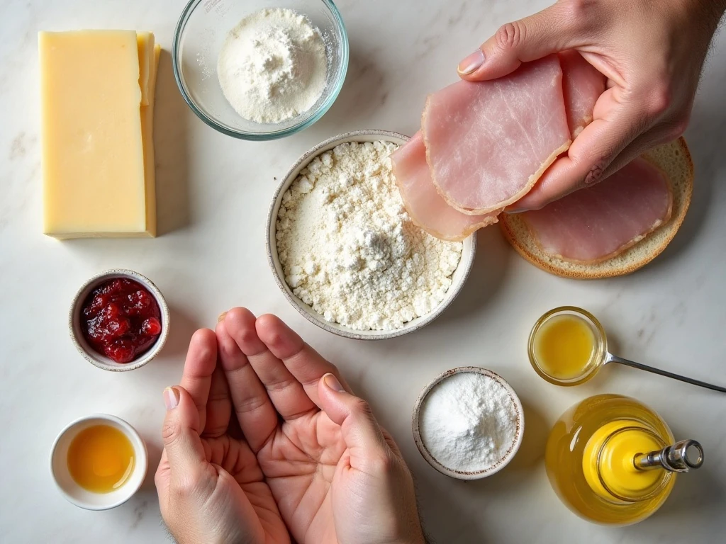 Ingredients for Monte Cristo sandwiches and lingonberry sauce