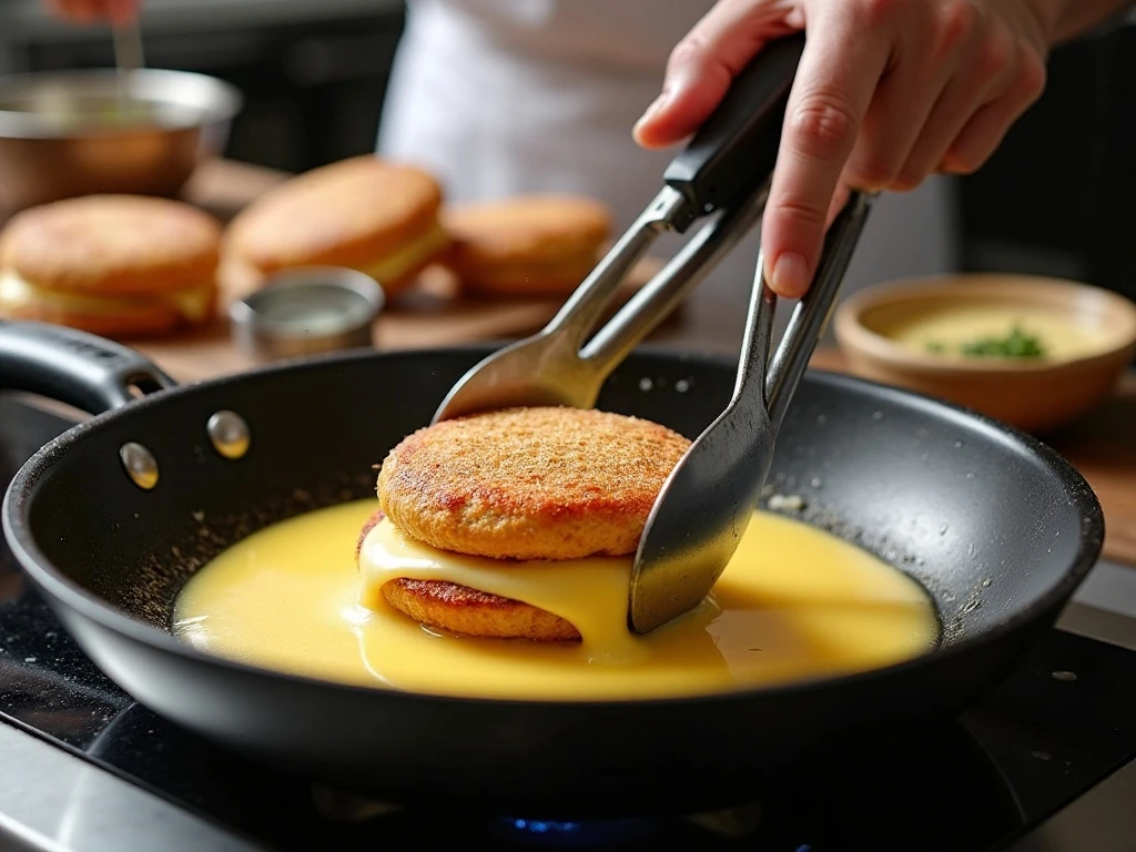 Dipping a Monte Cristo sandwich in batter before frying