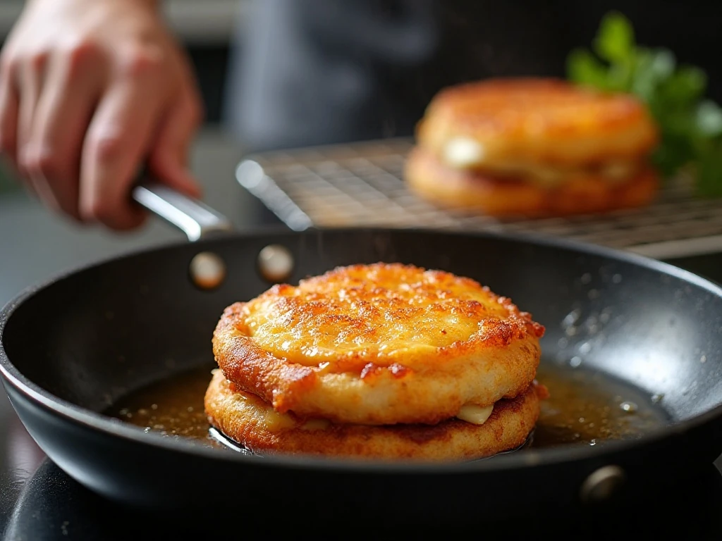 Frying a crisp Monte Cristo sandwich in a skillet