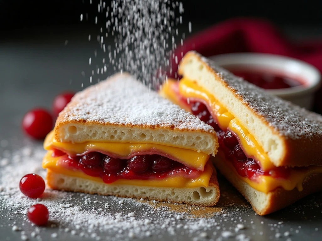 Monte Cristo sandwich dusted with confectioners’ sugar beside lingonberry preserves