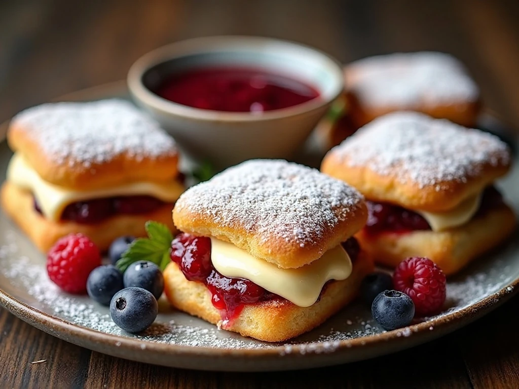 Finished platter of Monte Cristo sandwiches with sweet-tart dipping sauce
