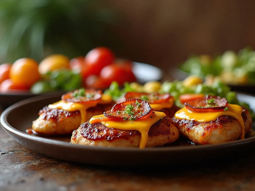 Monterey chicken dinner with barbecue sauce, bacon, melted cheese, tomato, and green onion