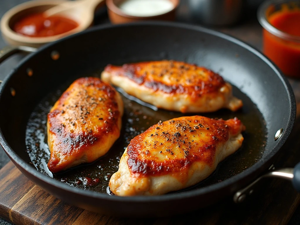 Chicken breasts searing in an ovenproof skillet for Monterey chicken