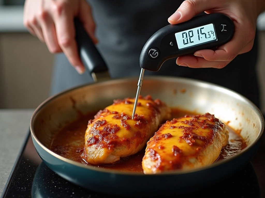 Checking Monterey chicken with an instant-read thermometer