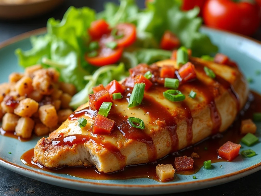 Monterey chicken served with salad and roasted vegetables