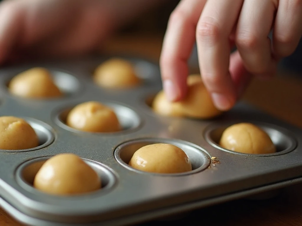 Pressing cookie dough into a miniature muffin pan