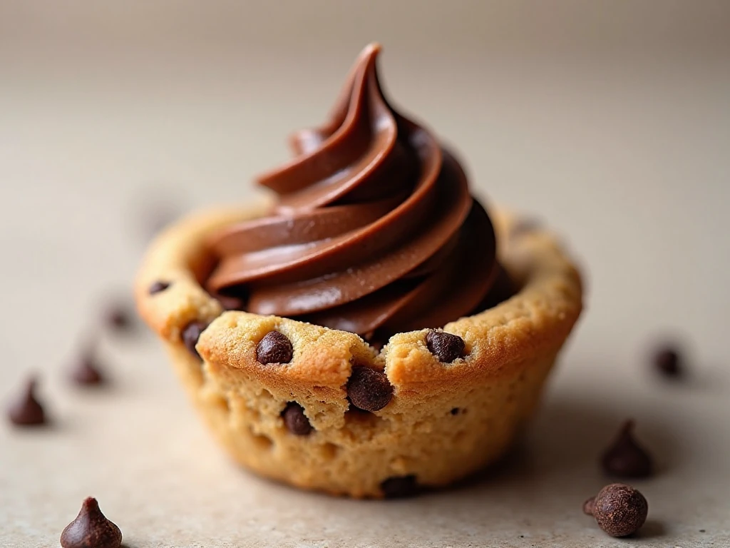 Close-up of chocolate mousse piped into a cookie cup