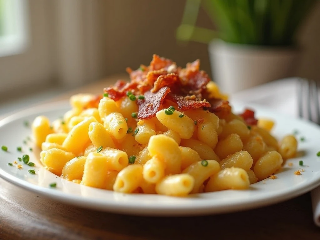 Creamy breakfast mac and cheese with bacon, eggs, and a golden topping