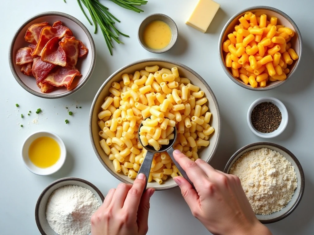 Ingredients for breakfast mac and cheese arranged for cooking