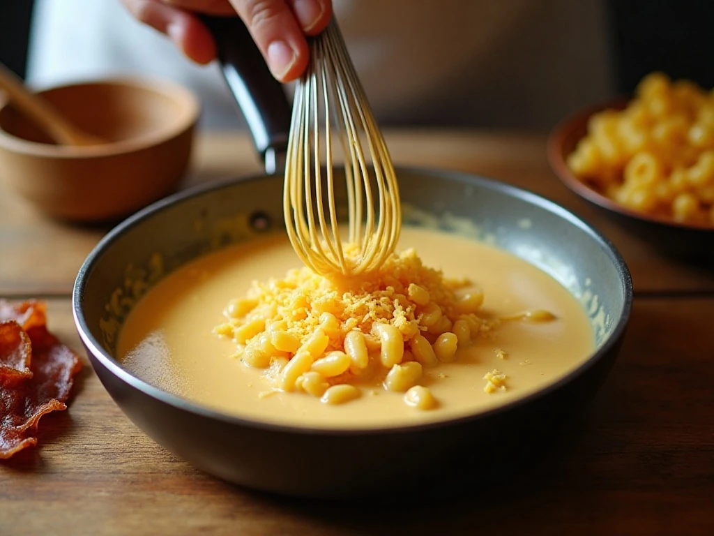 Preparing the creamy cheese sauce for breakfast macaroni and cheese