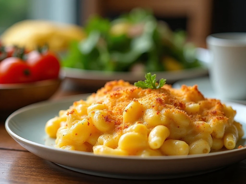 Breakfast mac and cheese served as part of a brunch spread