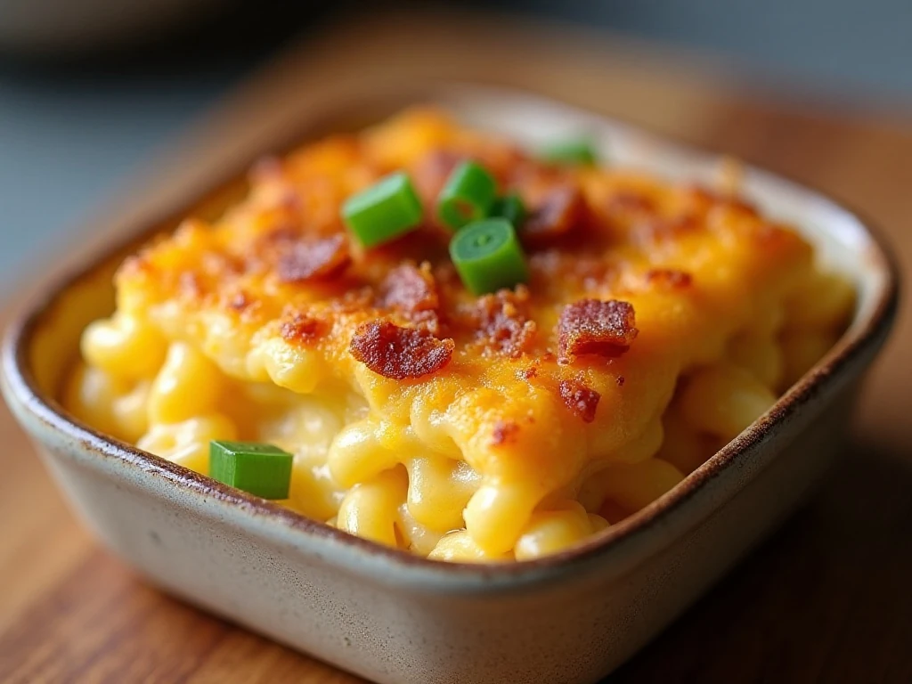 Reheated breakfast mac and cheese with crisp topping and chives