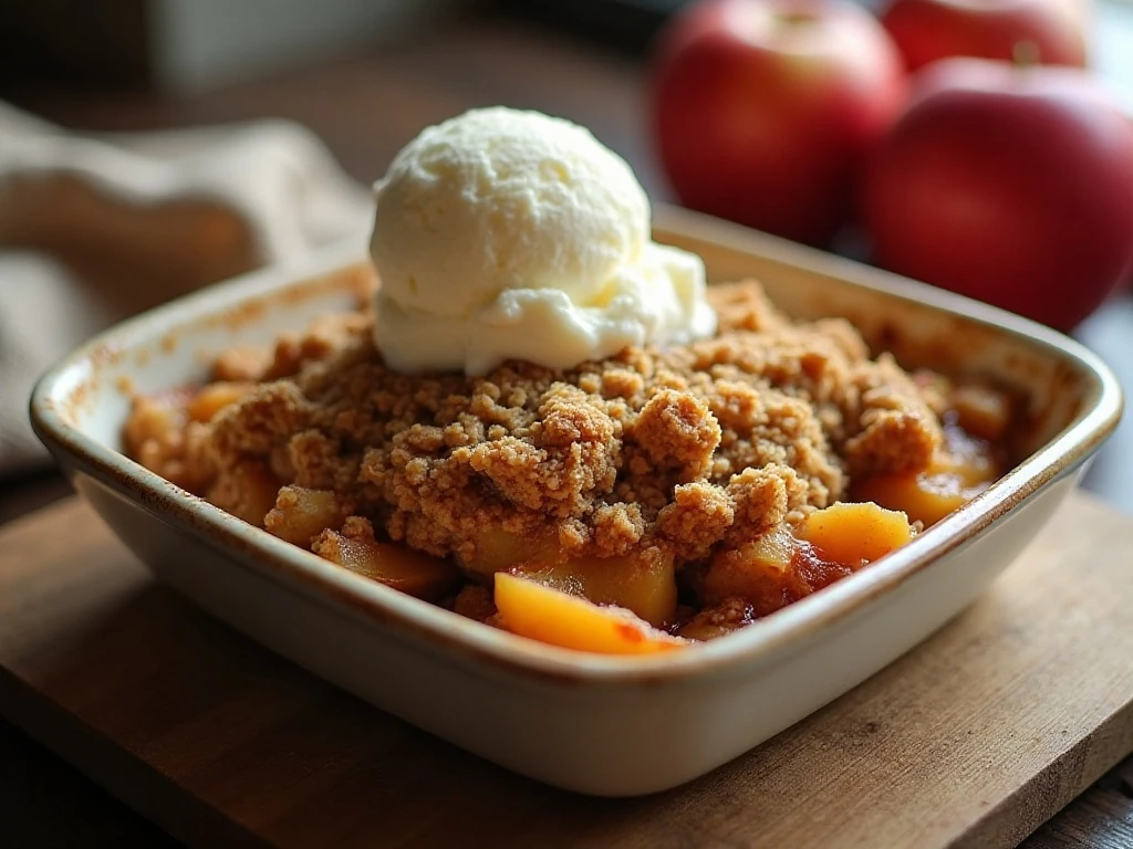 Warm crunchy apple crisp with vanilla ice cream