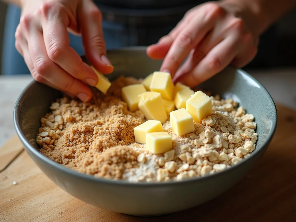 Making the cold butter oat crumble topping