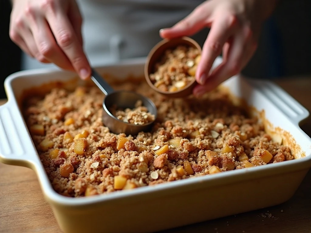 Loose crunchy topping scattered over apple filling